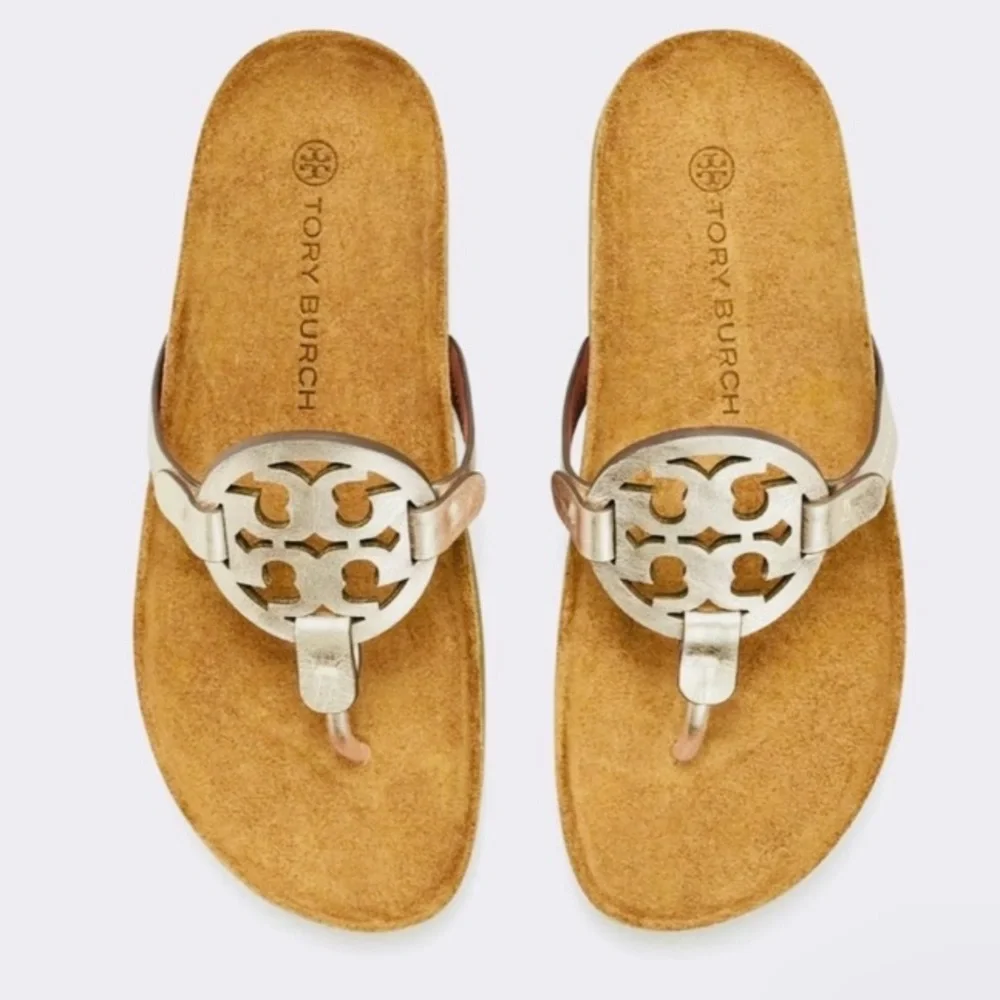 EUC Tory Burch Miller Cloud metallic goat leather cork Sandals